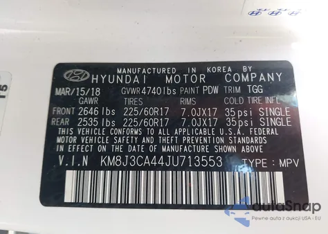 2018 Hyundai Tucson Sel z USA, uszkodzony, nr VIN KM8J3CA44JU713553